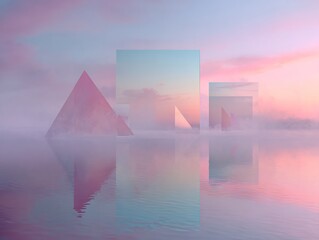 Geometric shapes reflecting in misty water under a pastel sky. Abstract, minimalist landscape with serene atmosphere.