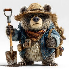 Anthropomorphic Bear Archaeologist with Shovel Discovery in Straw Hat on a White Background