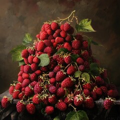 A still life composition featuring a large pile of fresh raspberries with leaves and stems visible