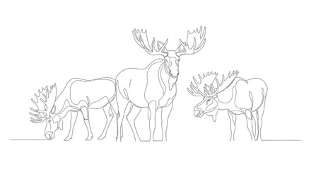 Moose Trio Grazing in Serene Landscape, Illustrative Art, Wildlife Environment, Peaceful Viewpoint