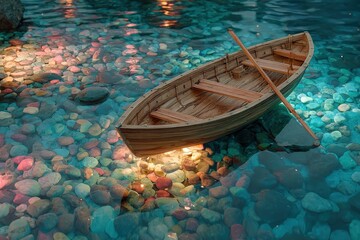 Obraz premium A serene wooden rowboat rests gently on a bed of colorful pebbles, bathed in the soft glow of underwater lights.