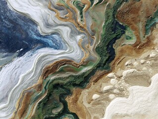 Abstract Aerial View of Natural Landscape with Swirling Blue Water, Golden Sand, Green Algae, and White Foam Textures