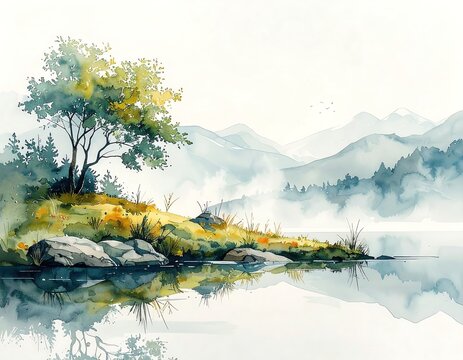 Peaceful lake scene with a solitary tree on a misty mountain backdrop. Watercolor style