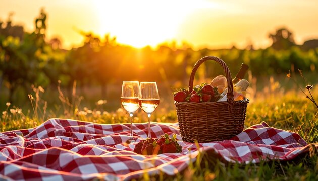 Romantic picnic at sunset with wine and basket.