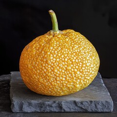 A close up shot of a textured yellow fruit with a green stem sitting on a gray stone surface against black