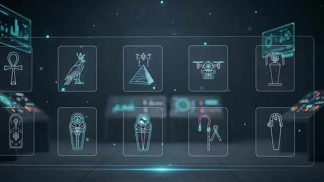 Futuristic Egyptian Interface Displaying Ancient Symbols and Artifacts.