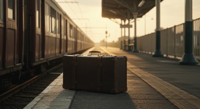 Vintage brown suitcase on a train platform at golden hour, ready for a journey