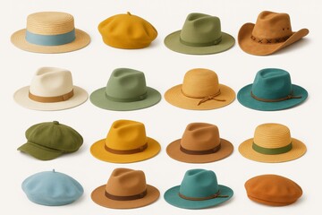 Collection of Colorful Stylish Hats on White Background