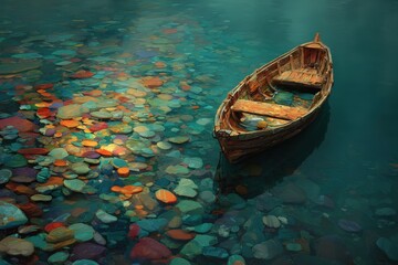 Obraz premium A serene scene of a weathered wooden boat resting on a bed of colorful stones in clear, teal water.