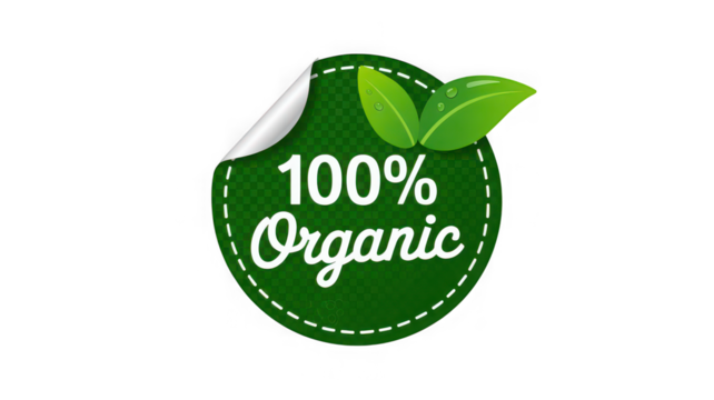 Green 100 percent organic label sticker with leaves isolated design