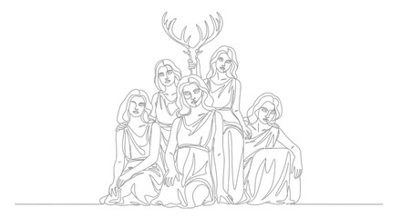 Artistic Gathering of Women with Antlers as a Central Symbol in Minimalist Illustration, Emphasizing Connection and Mystery