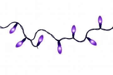Purple string lights decorating for holiday celebrations, glowing on a transparent background