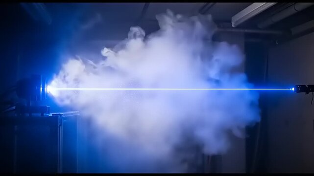 High Power Blue Laser Beam Hits Target Creating Smoke.