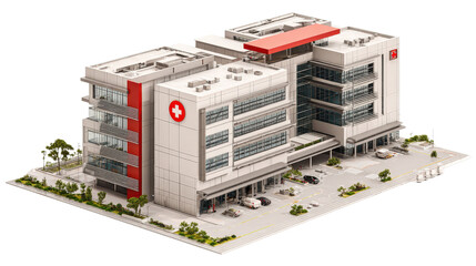Hospital building in 3D with red cross signage, isolated on a Transparent background, PNG file.