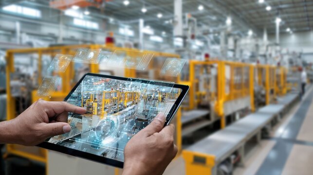 Hands Holding Tablet with Augmented Reality Managing Smart Factory Operations - Powered by Adobe