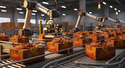 Robotic Arms Placing Autumn Themed Packages onto a Conveyor Belt in an Automated Manufacturing Facility