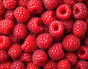Heap of bright red, fresh raspberries, macro detail