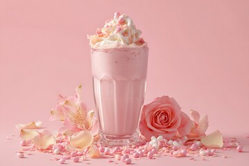 A rose ice cream shake with delicate rose petals, whipped cream, and pastel pink candy pearls, against a pastel blush background