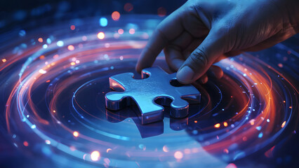 Innovative solution with a puzzle piece concept, presenting a modern approach to business strategy and problem solving with a vibrant, dynamic glow