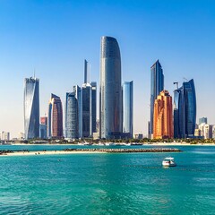 Obraz premium City skyline with skyscrapers and water. Modern buildings along a shoreline under a bright blue sky