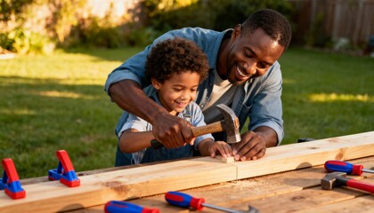 Black dad showing child how to use hammer at backyard workbench in warm afternoon with playful mood
