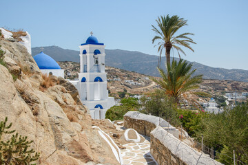 Panagia Gremiotissa Church with Palm Tree and Bell Tower, Chora, Ios Island, Greece