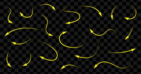 Yellow transparent line arrows set. Curvy and wavy arrow isolated