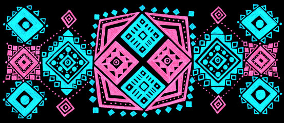 The background is filled with geometric ornaments. Pink and blue colors on black. Rhombuses of different sizes, triangles, circles, dots. Texture of pen strokes in ornament. Ethnicity ornament.