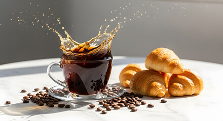 Waves of liquid coffee and cake splash out of a clear cup