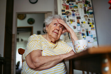 Portrait of worried senior woman sitting in kitchen.