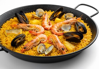 Close up of traditional spanish seafood paella dish on black pan