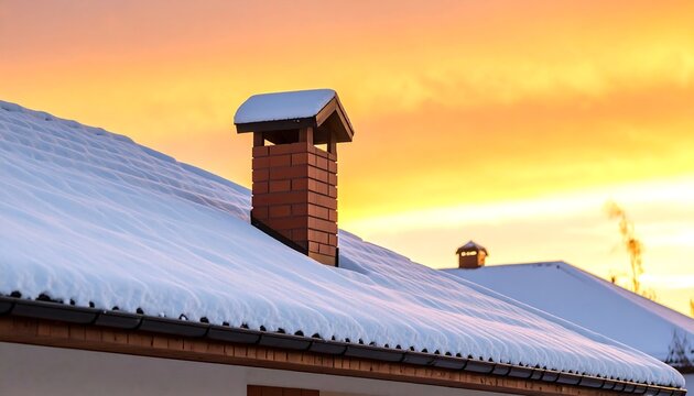 Snowy roof with brick chimney at sunset