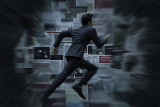 Man in Dark Suit Running with Motion Blur Against Newspaper Background, motion blur Business concept, motion bokeh background