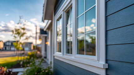 Fototapeta premium Close up of blue house exterior with white trim and windows on a sunny day outside
