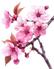 Pink blossoms on a branch against a white background.  Detailed illustration of delicate pink flowers and leaves on a dark brown branch