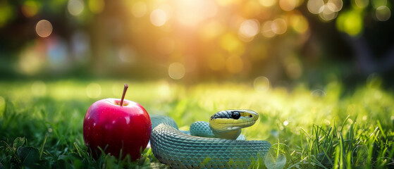 Panorama concept of temptation in Eden, realistic snake coiled beside a red apple on green grass under warm sunlight. Symbolic representation of original sin blending nature, realism and spirituality.