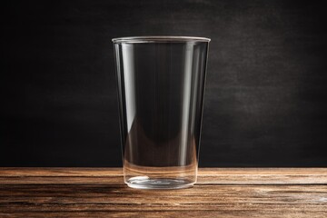 Empty clear plastic tumbler on a wooden surface.