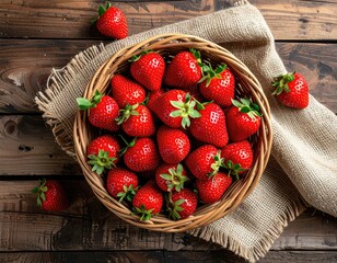 Fresh strawberries in a woven basket on a rustic wooden table (1)
