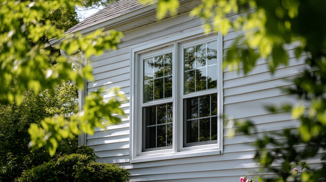 Close up of a double hung window on a white house framed by green leaves outside