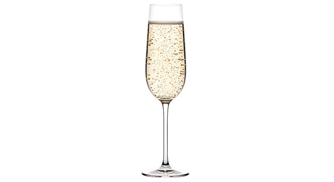 A flute of champagne with bubbles, isolated on white background