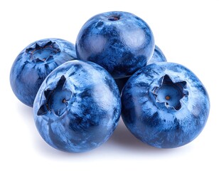 Close-up of four fresh blueberries clustered together, vibrant indigo-blue hues, detailed patterns on skins, against a plain white background