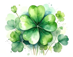 Vibrant green four-leaf clover illustration with watercolor-style splashes