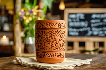 Ornate terracotta cup with carved floral designs.