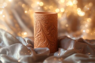 Ornate terracotta cylinder vase on a draped fabric.