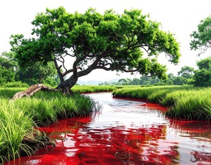 Red river winding through green marsh. Lush trees flank the waterway