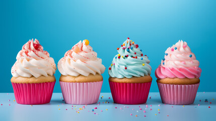 Birthday cupcake on table against blurred lights. Space for text