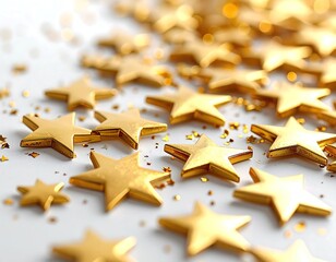 Gold stars and glitter on white background