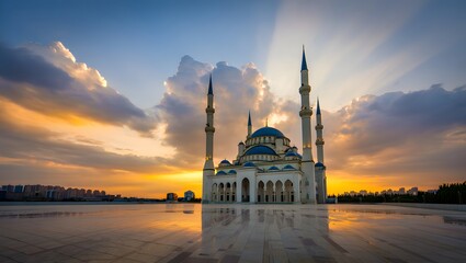 Kocatepe mosque and the beautiful sunset with clouds and reflection in ankara turkey