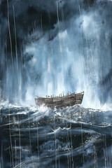 Watercolor illustration of wooden ark in heavy rain and stormy sea, symbolic biblical painting of Noah Ark and the Great Flood. Spiritual artwork of survival, faith, hope and divine protection.
