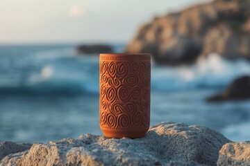 Ornate terracotta cylinder rests on coastal rocks.